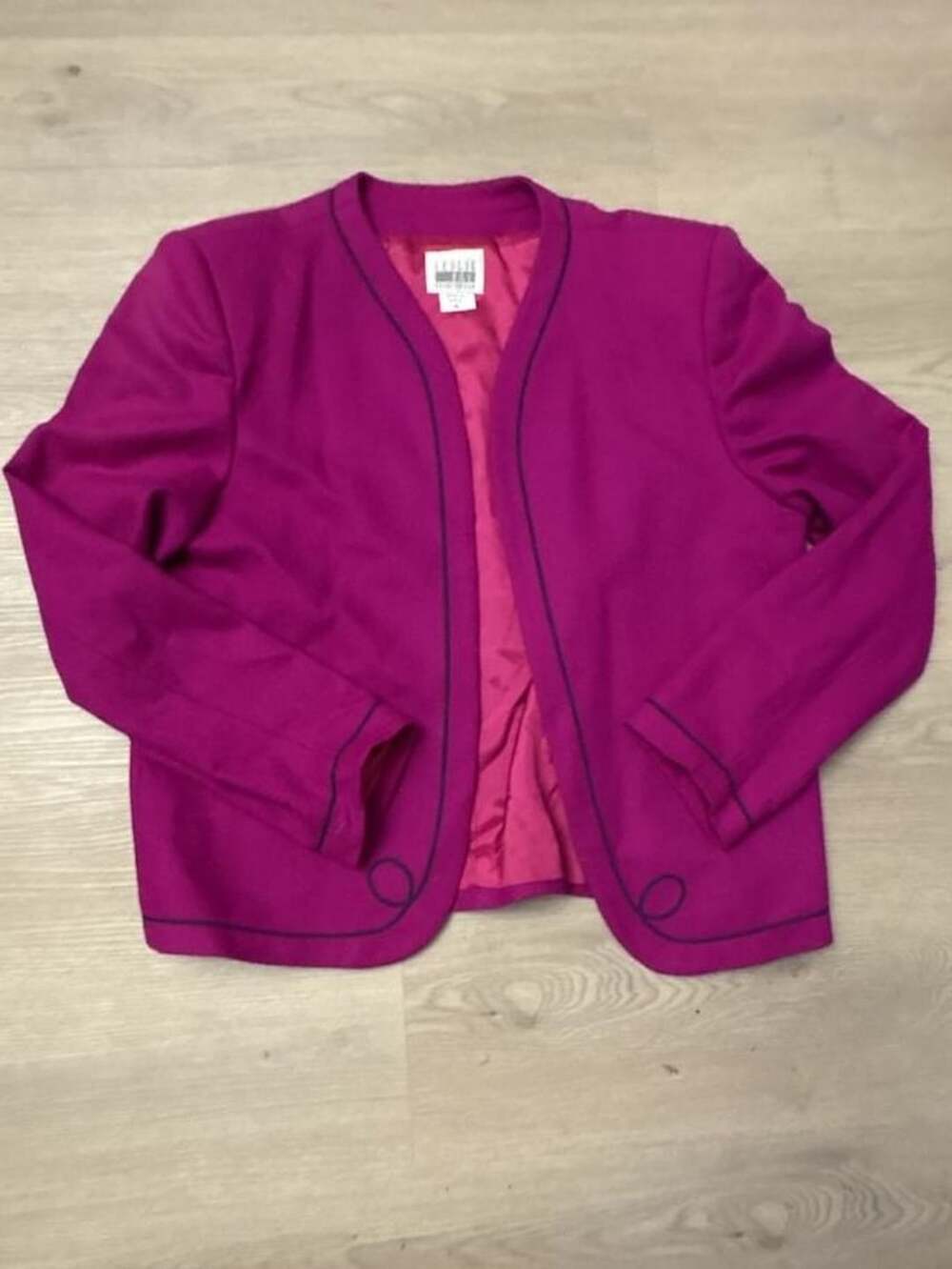 Vtg 80s Leslie Fay Sportswear Magenta Wool Open Front Jacket with Trim Size 10